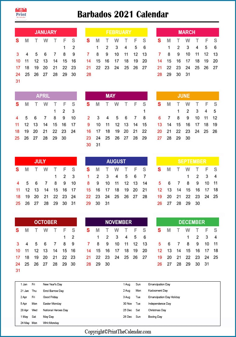 Barbados Printable Calendar 2021